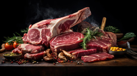 Raw meat with spices and vegetables on a wooden board. Selective focus.の素材