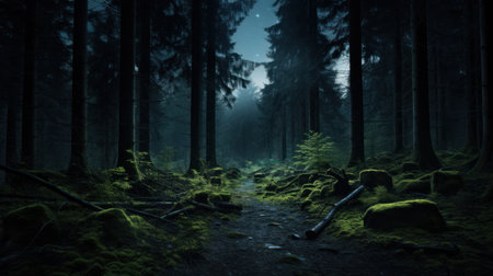 Mysterious dark forest at night with a path leading through the treesの素材