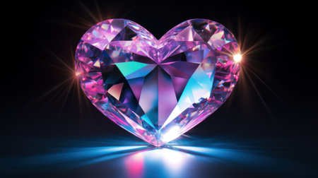 Shiny diamond heart on black background. 3d illustration. Jewelry background.の素材