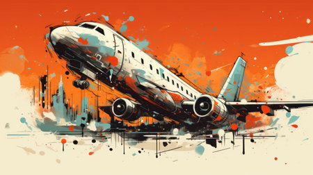Modern airplane in the city. Grunge background. Vector illustration.の素材