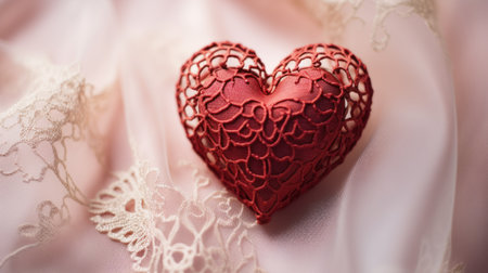 Valentine's day background. Red heart on a pink fabric.の素材