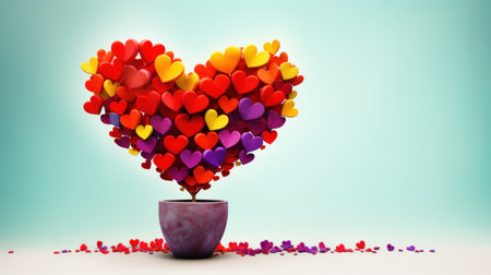 Colorful hearts in a vase on a blue background with copy spaceの素材