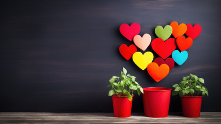 Hearts and plants in pots against blackboard with vignetteの素材