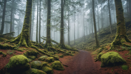 Panoramic view of a path in a forest in the fogの素材