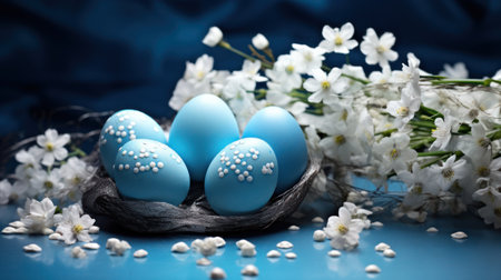 Blue Easter eggs in a nest and spring flowers on a blue backgroundの素材