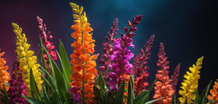 Colorful flowers on a dark background. Close-up, selective focus.の素材