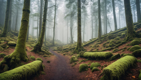 Path in the foggy forest with mossy rocks and trees.の素材