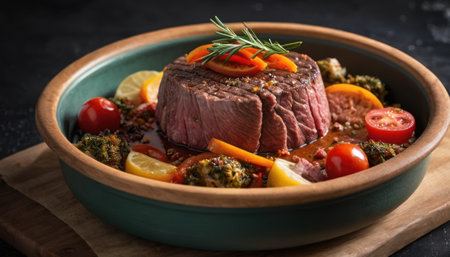 Steak with vegetables in a ceramic bowl on a dark background.の素材