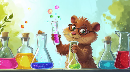 funny cartoon hamster with chemical flasks - illustration for childrenの素材