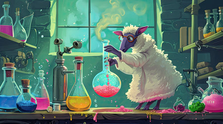 Sheep scientist working in the laboratory. Conceptual illustration for scientific research.の素材