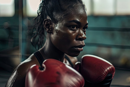Portrait of african american woman boxer wearing boxing gloves in gymの素材