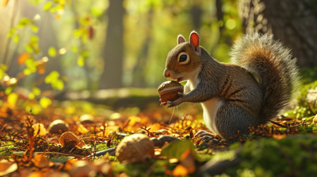 Squirrel in the autumn forest eating an acorn on a sunny dayの素材