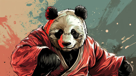 Vector illustration of a panda in a red raincoat on a grunge backgroundの素材