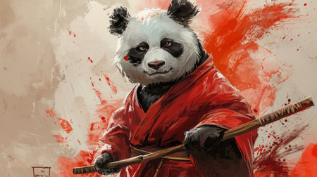 Panda warrior in red cloak with a bamboo sword in his hands.の素材