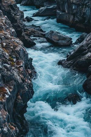 Beautiful mountain landscape with fast flowing mountain river and rocks. Mountain river.の素材