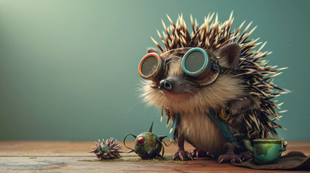 Hedgehog wearing aviator goggles and looking at the camera.の素材