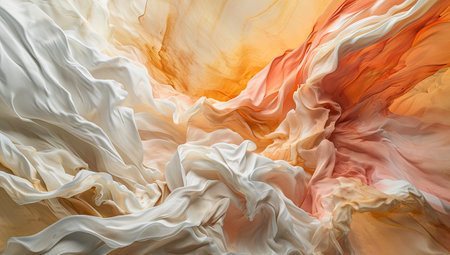 Texture, background, pattern. Silk fabric is transparent, orange and white. It is photographed close-up.の素材