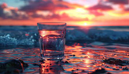 A glass of vodka on the background of a beautiful sunset on the sea.の素材