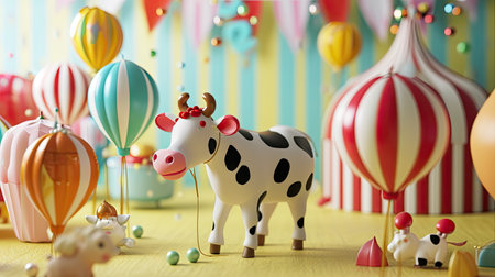 cute cow with balloons and colorful balloons. 3d illustration.の素材