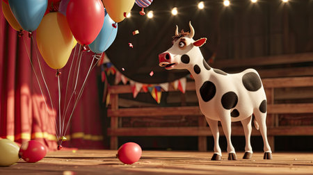 Cute funny cow with balloons and confetti on wooden floor indoorsの素材