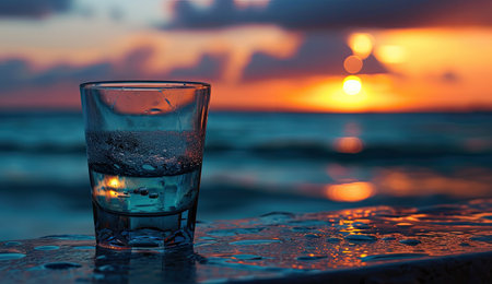 A glass of water on the background of the sea and sunset.の素材