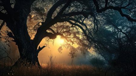 Old oak tree in a misty forest. 3d render.の素材