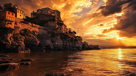 Sunset over the sea in Sorrento, Campania, Italyの素材