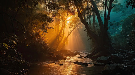 Beautiful sunrise over the river in the rainforest of Sri Lankaの素材