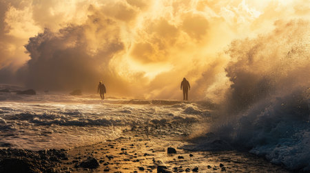 Surfers at sunset in a stormy ocean with big wavesの素材
