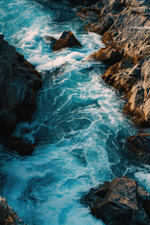 Tropical beach with waves crashing on the rocks. Beautiful seascape.の素材