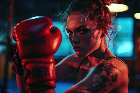 Portrait of beautiful young woman with tattoo on her arm and boxing gloves.の素材