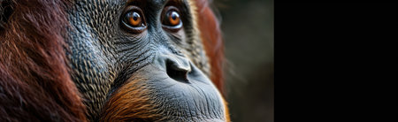 Portrait of an orangutan with a black background. Close-up.の素材