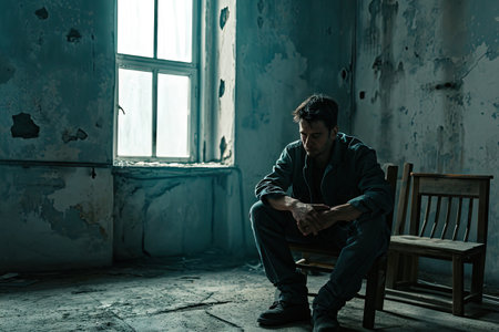 Depressed man sitting in an abandoned building. Depression and sadness concept.の素材