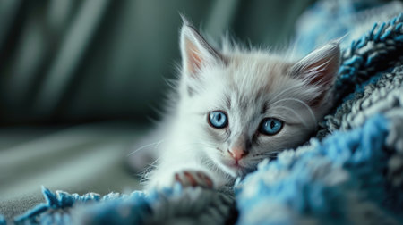 Cute little kitten with blue eyes lying on sofa at home.の素材