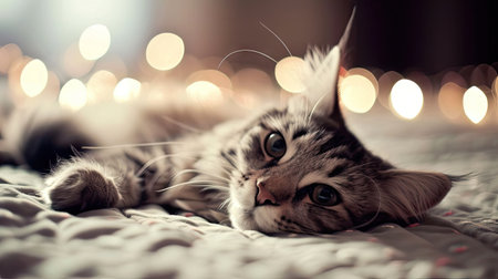 Cute tabby cat lying on bed with Christmas lights on backgroundの素材