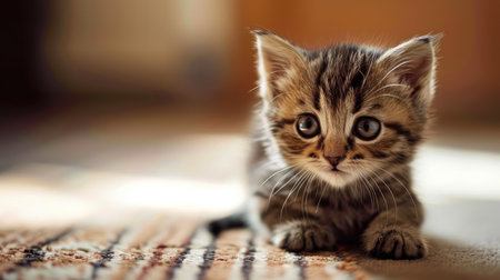 Cute little tabby kitten sitting on the carpet at home.の素材