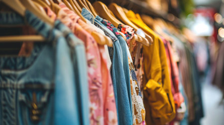 Clothing on hangers in a store. Blurred background.の素材