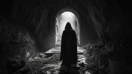 Mysterious dark tunnel with a man in a black cloak and hood.の素材