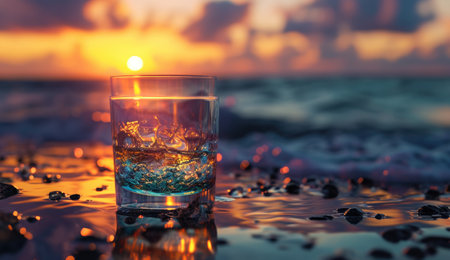 Glass of whiskey on the beach at sunset. Selective focus.の素材