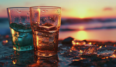 Two glasses of tequila with ice on the beach at sunset.の素材