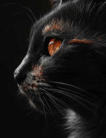 Portrait of a black cat with orange eyes on a black backgroundの素材