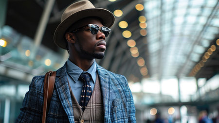 Young african american man in hat and sunglasses at the airportの素材
