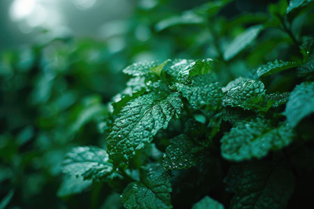 Green mint leaves with dew drops in the morning. Selective focus.の素材