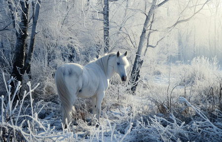 Beautiful white horse in the hoarfrost in the winter forestの素材