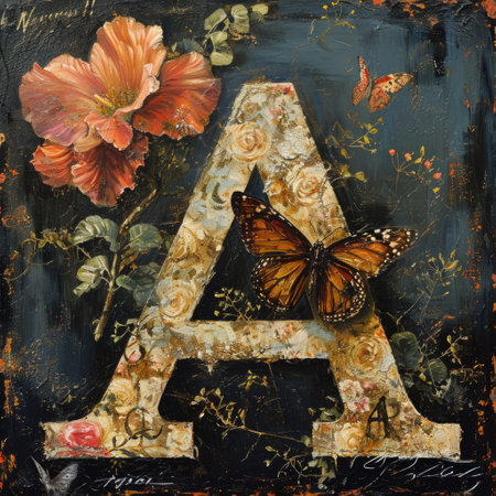 Font design for the letter A with a butterfly. Original oil paintingの素材