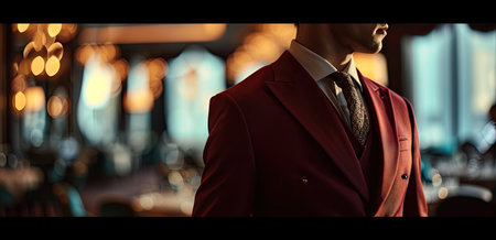 Young man in red suit at restaurant. Fashion and style concept.の素材