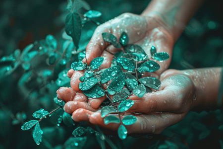 Hands holding green plant with water droplets. Nature background.の素材