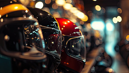 Motorcycle helmet on the background of the night city. Selective focus.の素材