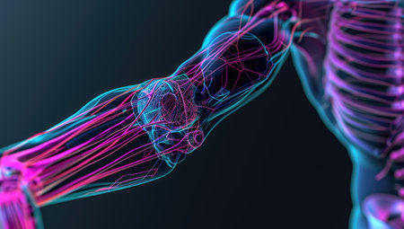 Human skeleton anatomy with glowing bones, 3D rendering medical illustration.の素材