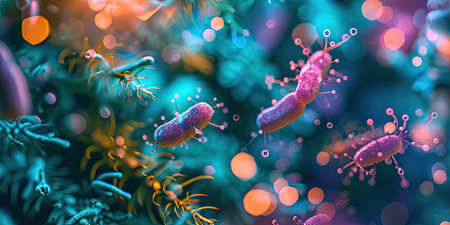 Viruses and bacteria. 3d illustration of viruses and bacteriaの素材